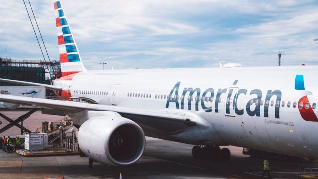 Heathrow airport London, UK - September 16, 2018: American airlines Boeing 777 at Heathrow airport in London
