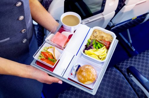 tray of airplane food served by flight attendant