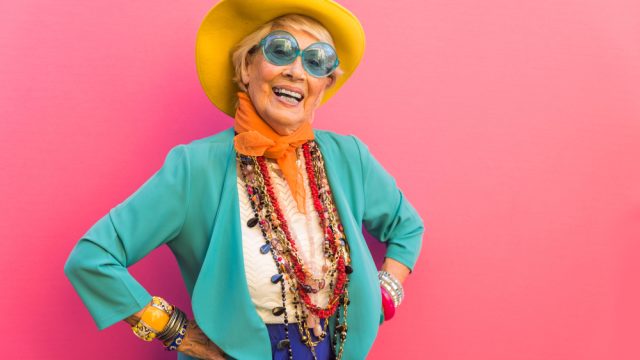 eccentric woman in bright clothing