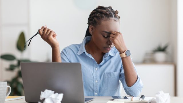 Deadline,Stress.,Overworked,Black,Female,Entrepreneur,Massaging,Nosebridge,At,Workplace