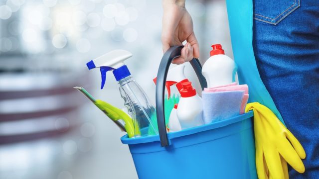 cleaning products in bucket