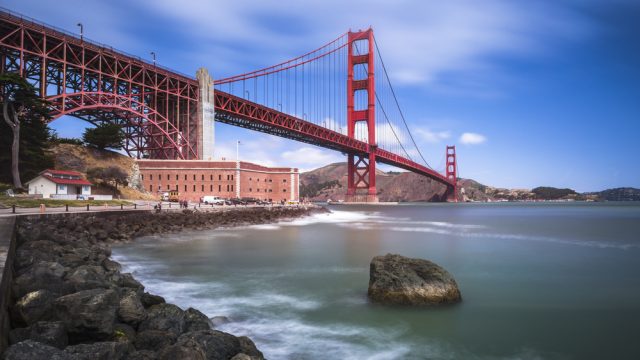 A view of Fort Point National Historical Park beneath the Golden Gate Bridge