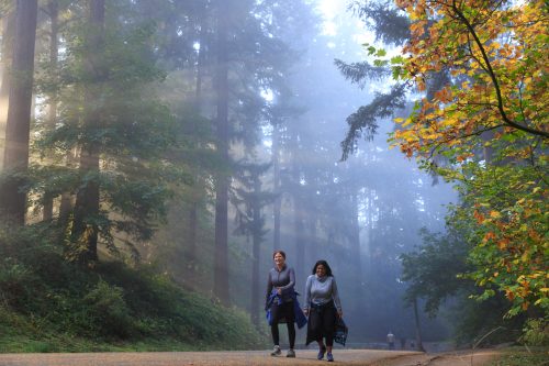 two women walking mount tabor in portland