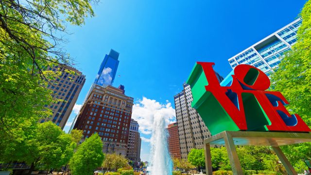 A picture of the Love sculpture in Love Park in Philadelphia