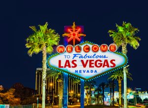 The Las Vegas sign lit up at night