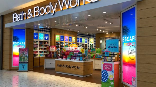 The exterior of a Bath & Body Works store in the mall