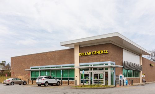 Dollar General store with architectural awning over entrance.