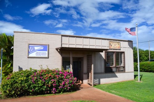 Exterior view of Hoolehua Post Office on the Hawaiian Island of Molokai. The post office is home of Post-a-nut,a service that allows to send coconuts as "postcards".
