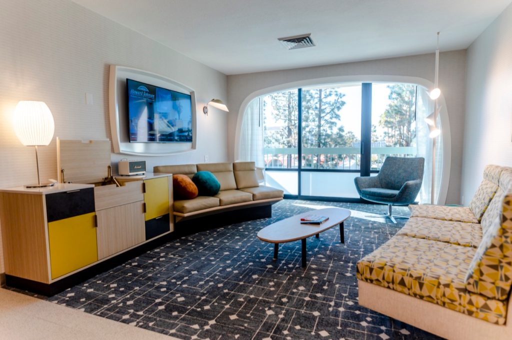 A retro-themed hotel room