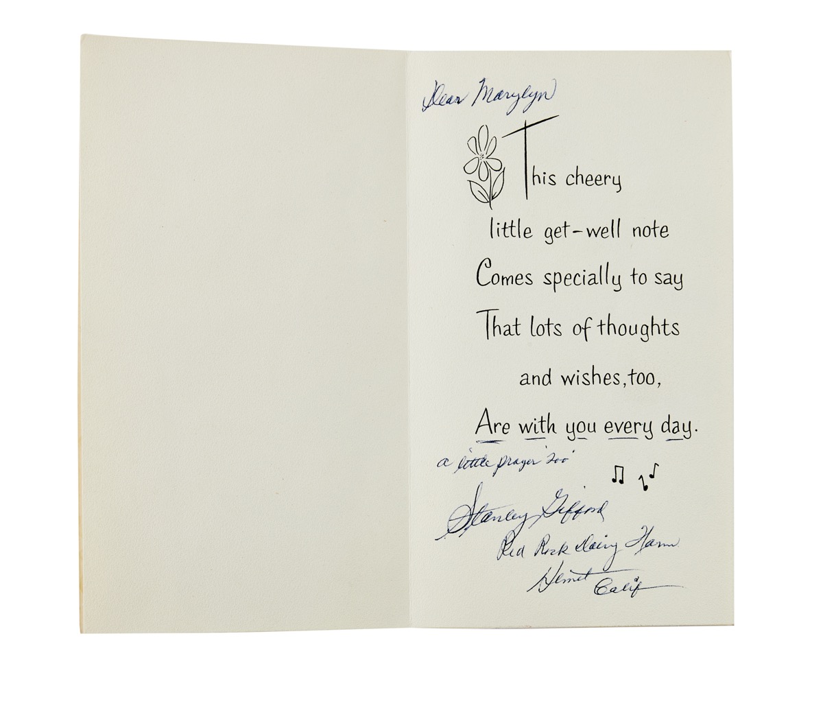 Get Well card to Marilyn Monroe from her biological father