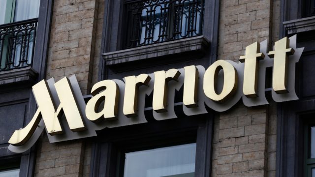 A close up of a sign outside a Marriott Hotel