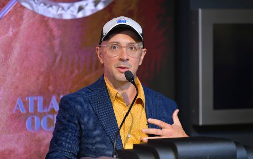Steve Burns speaking at a lighting of the Empire State Building in blue for the "Blue's Clues" 25th anniversary in 2021