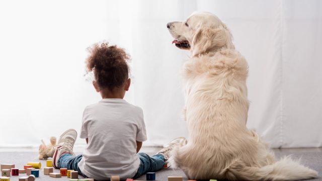 little girl sitting with her dog