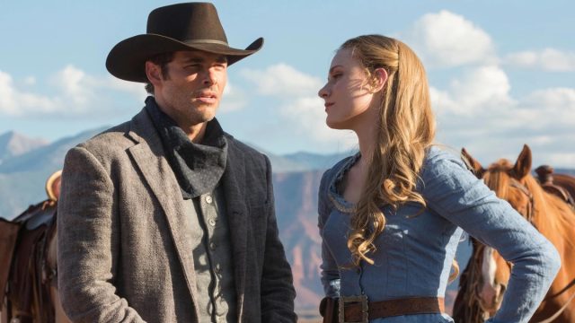 Actors James Marsden and Evan Rachel Wood in a scene in Westworld
