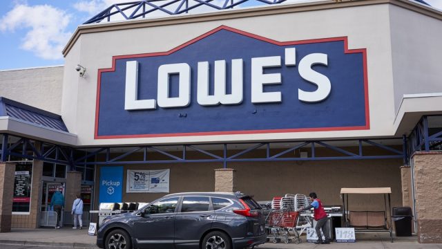 The entrance to a Lowe's Home Improvement Store in Tigard.