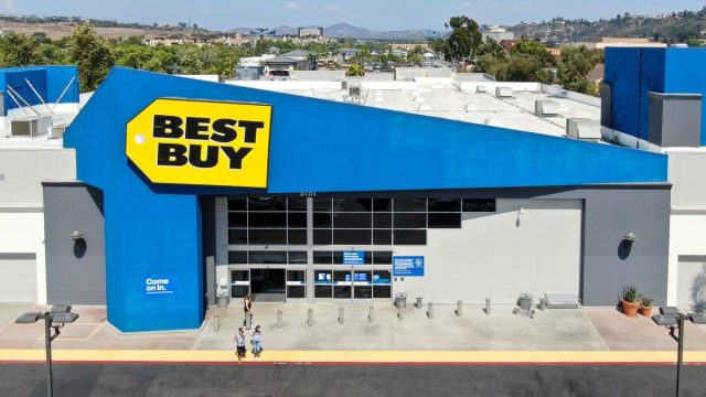 Aerial view of Best Buy multinational electronics store. . San Diego, California, USA, August 16th, 2020
