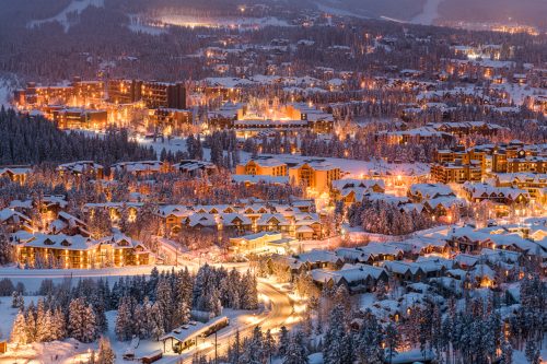 Breckenridge, Colorado, USA town skyline in winter at dusk.