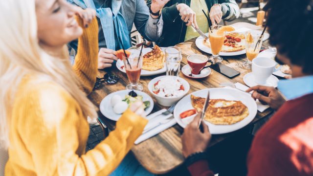 Group of friends eating brunch in a restaurant