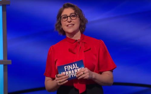 Mayim Bialik hosting "Jeopardy!" in February 2023