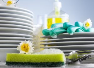 Washing glasses and plates with detergent and fresh flowers