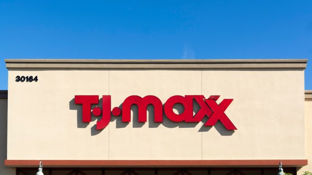 T.J.maxx logo sign on store façade. T.J.maxx is an American department store chain.