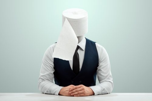 man with toilet paper for a head