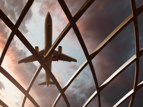 plane flying over terminal