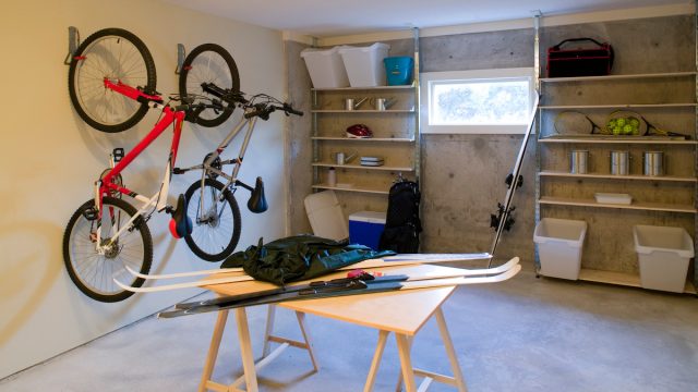 Basement with shelves and sports equipment