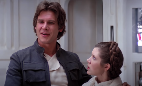 Harrison Ford as Han Solo and Carrie Fisher as Princess Leia in The Empire Strikes Back
