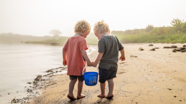 two little boys carrying a bucket on the beach