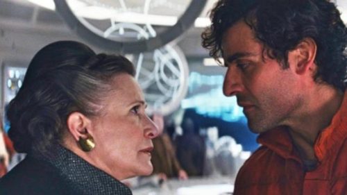 Carrie Fisher as General Leia and Oscar Isaac as Poe Dameron