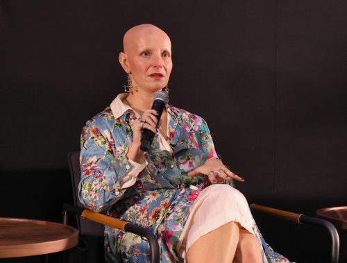 Rachel Fleit speaking at a screening of "Introducing, Selma Blair" in 2021