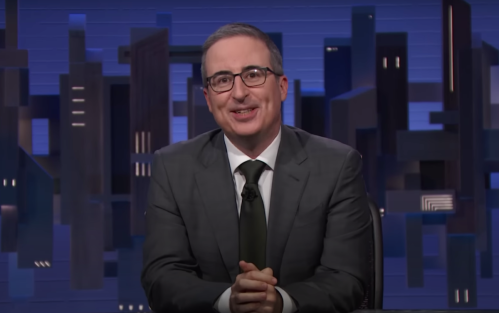John Oliver hosting "Last Week Tonight" in April 2023