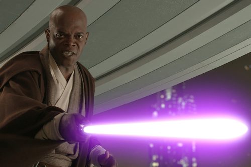 Samuel L. Jackson as Mace Windu, with his purple lightsaber