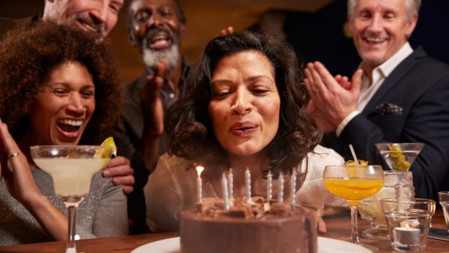 Group,Of,Middle,Aged,Friends,Celebrating,Birthday,In,Bar