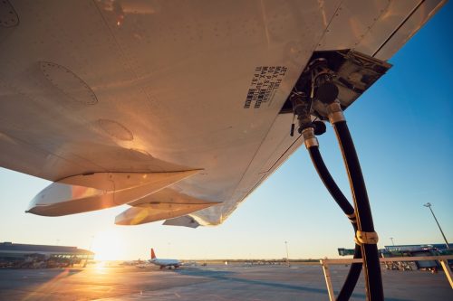 Refueling of the airplane before flight.