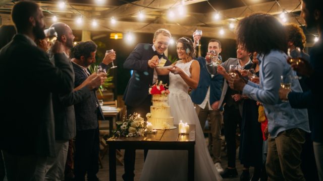 bride and groom surrounded by wedding guests