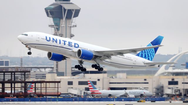 A United Airlines aircraft taking off from an airport