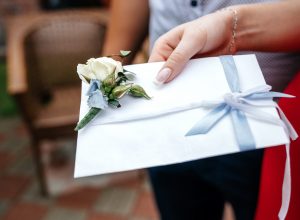 White wedding envelope with a boutonniere in the hand of a woman.