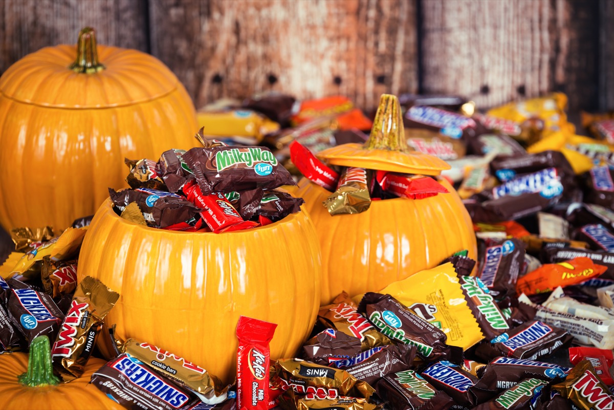 Halloween candy in ceramic pumpkins