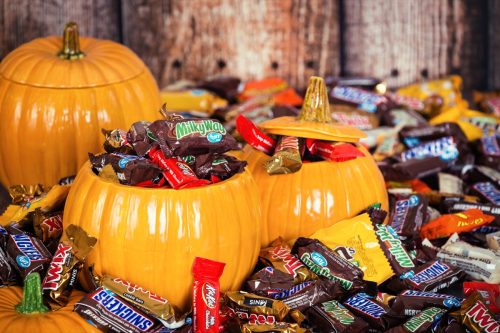 Halloween candy in ceramic pumpkins
