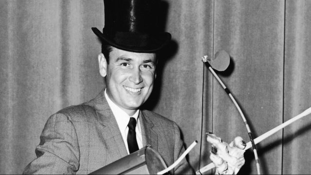 Bob Barker holding prop in a publicity photo for "Truth or Consequences"