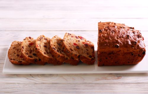 Barm brack traditional irish fruit bread, sliced