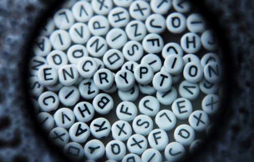 Random alphabets with letters of "ENCRYPTION" on top.
