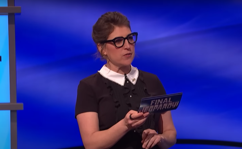 Mayim Bialik hosting "Jeopardy!" in March 2023