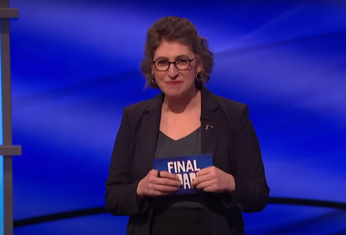 Mayim Bialik hosting "Jeopardy!" in March 2023
