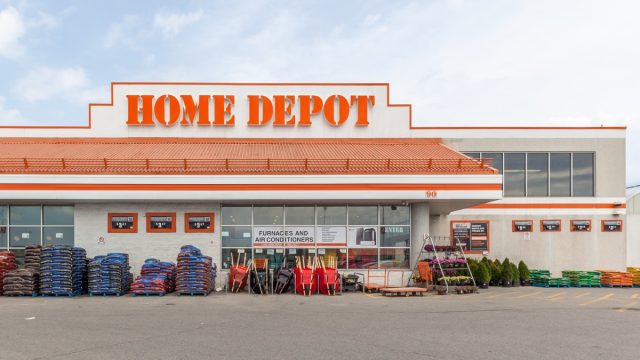 Sign on the building of Home Depot. The Home Depot, Inc. is an American home improvement supplies retailing company that sells tools, construction products,