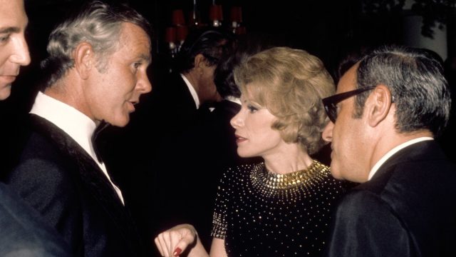 Johnny Carson, Joan Rivers, and Edgar Rosenberg at a "Tonight Show" party in 1972