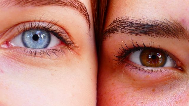 Two completely different eyes, one blue and the other brown.