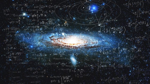 image of the universe combined with mathematical equations to represent space mysteries